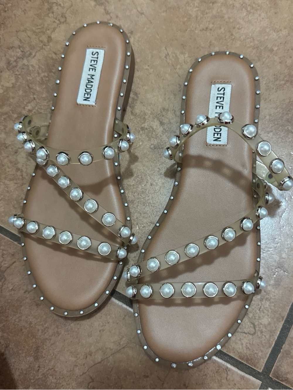 Steve Madden Tan Pearl-Studded Slide Sandals